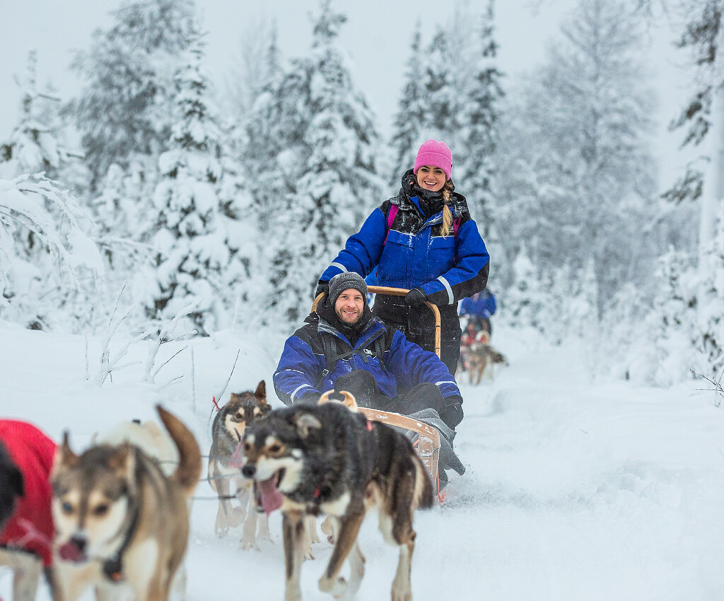 Een single beleeft een huskeytocht door winterwonder land tijdens de activiteiten van de singlereis naar Lapland