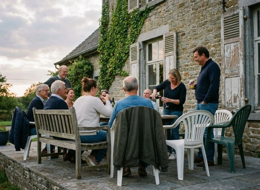 Groep vrienden geniet van borrel op stenen terras van Belgisch landhuis, sommigen zitten en staan tussen tuinstoelen