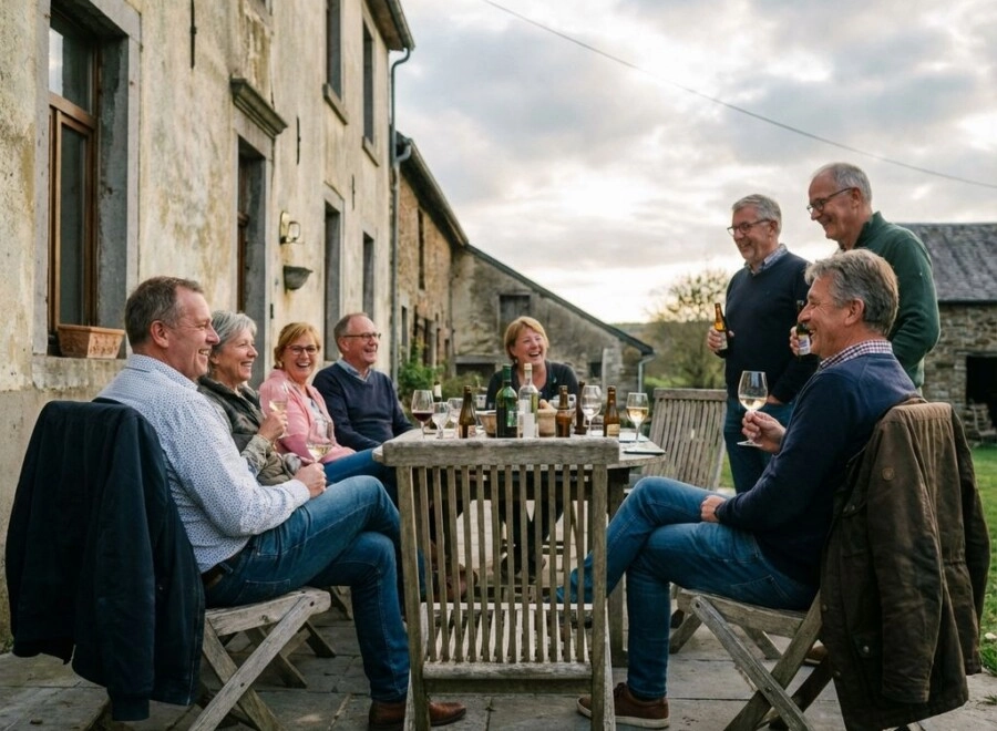 Groep van 8 vrienden ontspant met drankjes op terras van Belgisch landhuis in de Ardennen tijdens weekend