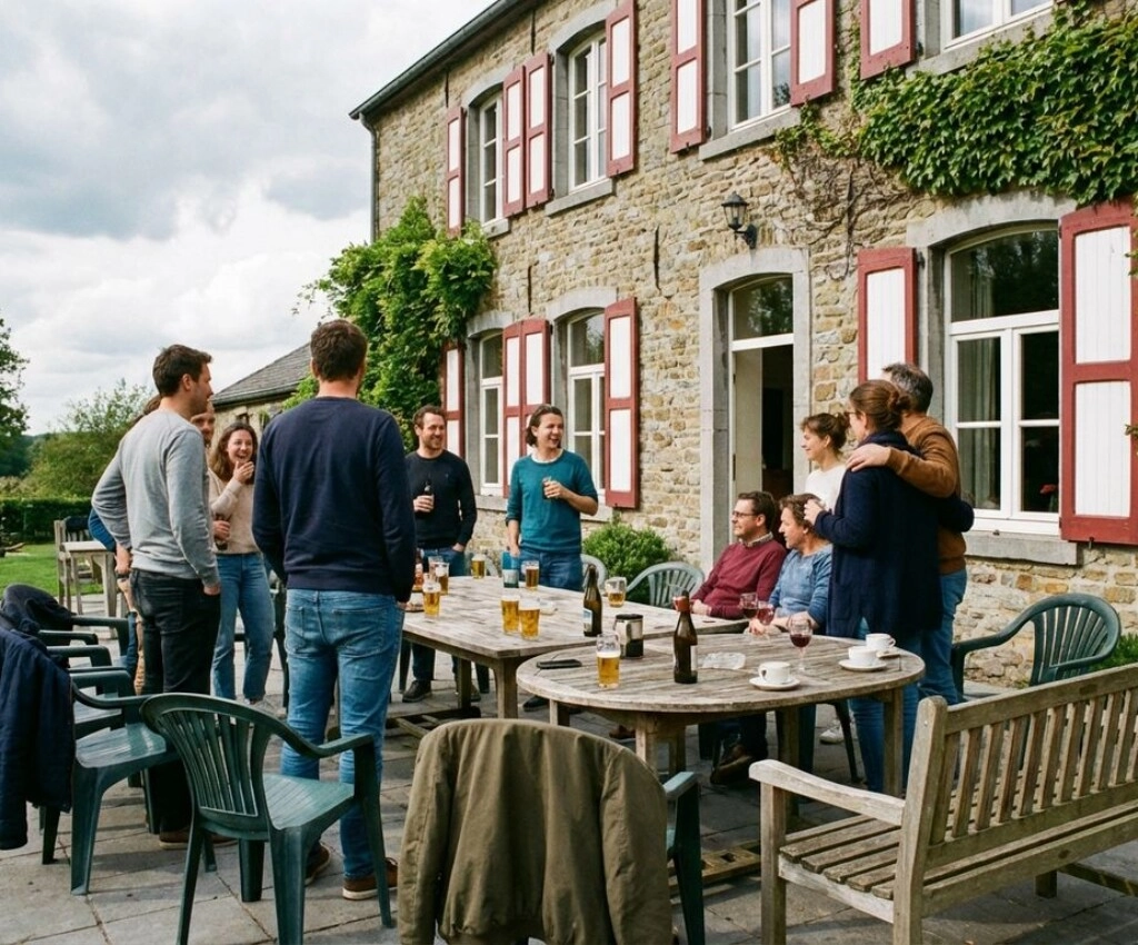 Groep vrienden met drankjes op gezellig terras van Belgisch landhuis tijdens weekend uitje