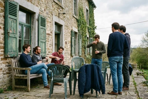 Groep van zes mensen op stenen terras van Belgisch landhuis, sommigen drinkend wijn en bier, authentieke Ardennen sfeer
