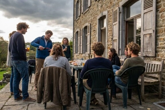 Groep vrienden ontspant op stenen terras van Belgisch landhuis, drinkend wijn en bier in casual sfeer