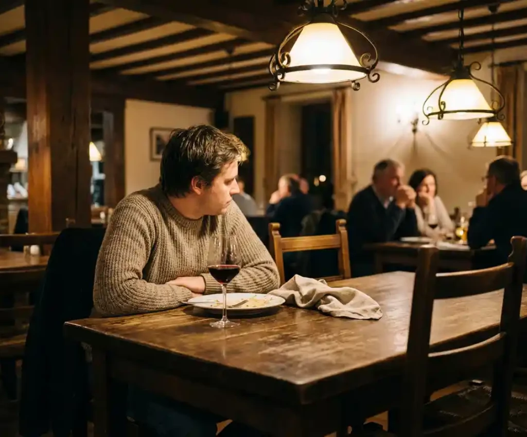 Persoon zit alleen aan houten tafel in gezellig Ardens restaurant, kijkt naar lege stoel, wijnglas en eten voor zich
