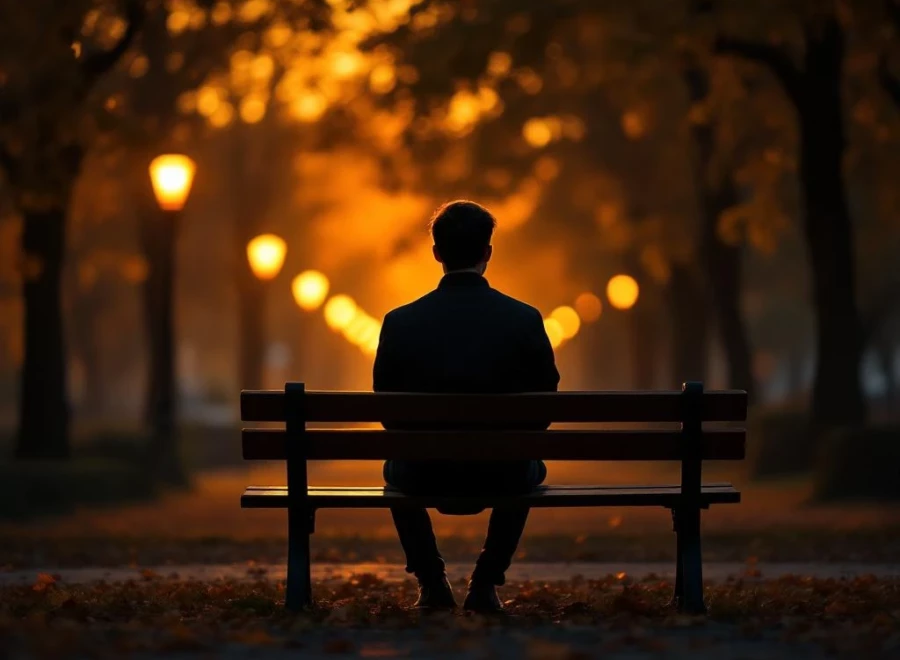 Persoon zit alleen op parkbank tijdens gouden uur, silhouet tegen warme zonsondergang door bomen