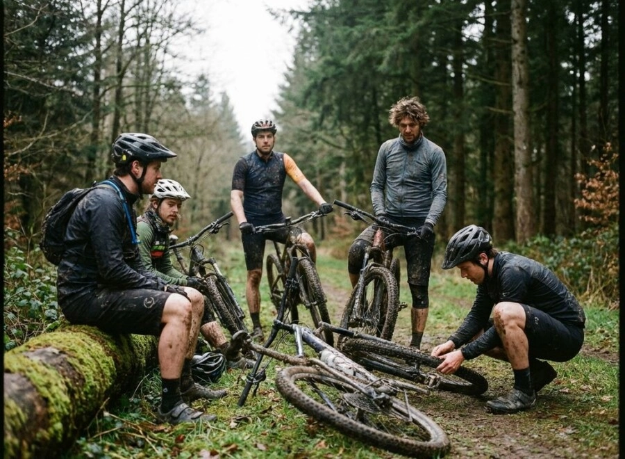 Zes mountainbikers pauzeren op modderig bospad in Ardennen, één controleert band, anderen rusten bij fietsen