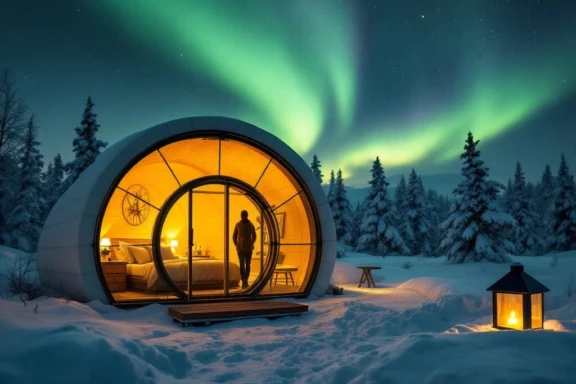 Glazen iglo accommodatie onder groene en paarse noorderlicht, met warm verlichte slaapruimte en besneeuwde omgeving