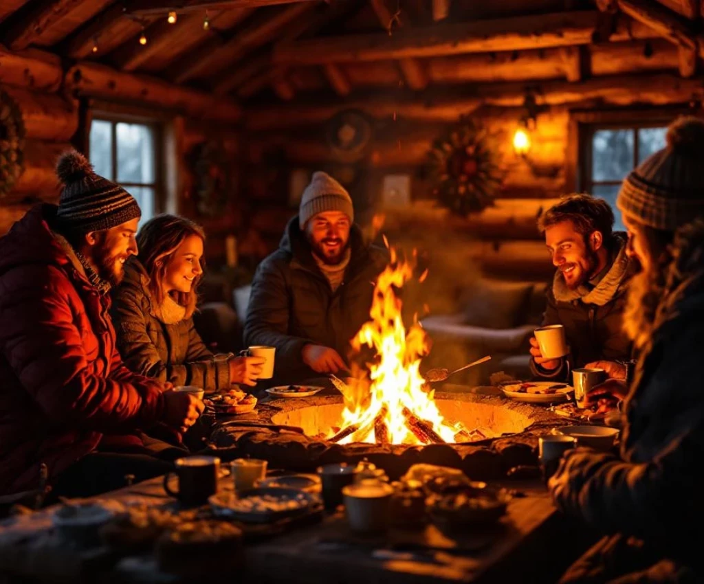 Vijf mensen in winterkleding rond vuurplaats in traditionele houten Sami kota, grillend en socialiserend bij avond