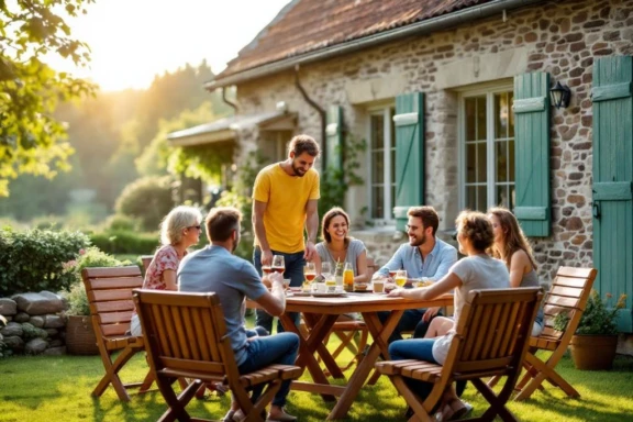 Groep singles rond picknicktafel op terras van stenen landhuis in Belgische Ardennen tijdens weekend