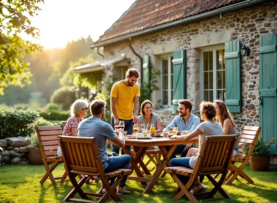 Groep singles rond picknicktafel op terras van stenen landhuis in Belgische Ardennen tijdens weekend