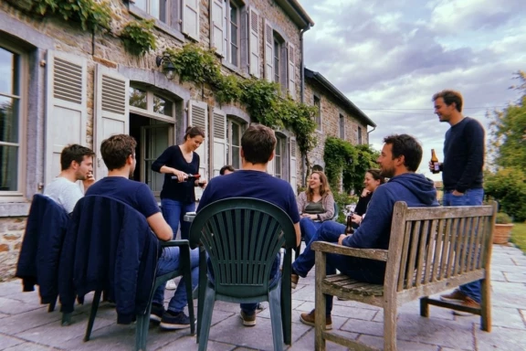 Groep van 6-8 mensen tijdens gezellige borrel op terras van Belgisch landhuis, sommigen drinkend en pratend in relaxte sfeer