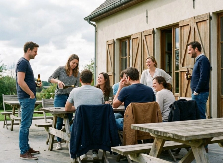 Groep van 8 singles op terras van Belgisch landhuis tijdens weekend, ontspannen sfeer met wijn en gesprekken