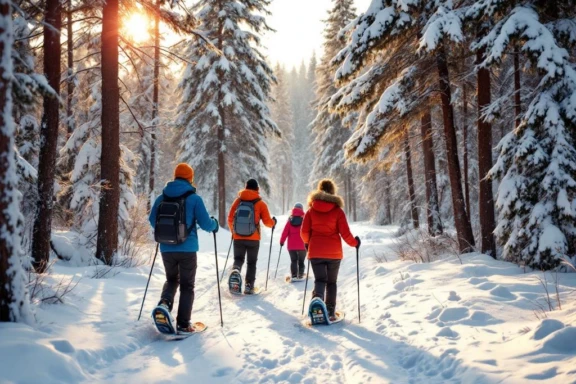 Groep wandelaars met sneeuwschoenen volgt gids door besneeuwd dennenbos in Lapland, winter avontuur voor beginners