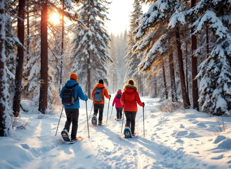 Groep wandelaars met sneeuwschoenen volgt gids door besneeuwd dennenbos in Lapland, winter avontuur voor beginners