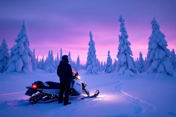 Persoon in donkere winterkleding naast witte sneeuwscooter tijdens blauwe uur in besneeuwd Laplands landschap