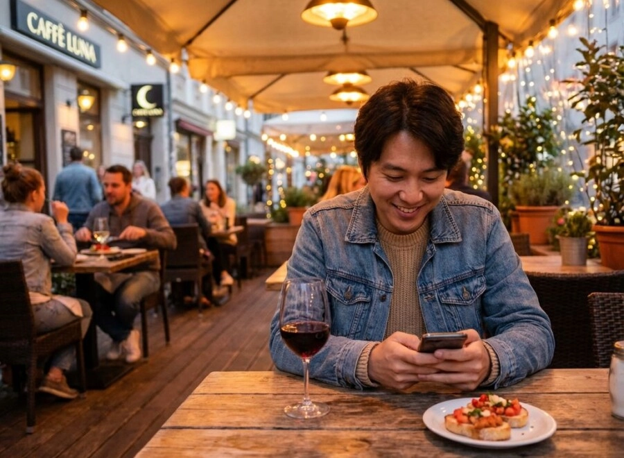 Persoon geniet ontspannen van solo dineren op restaurant terras met smartphone, wijn en voorgerecht bij warme verlichting