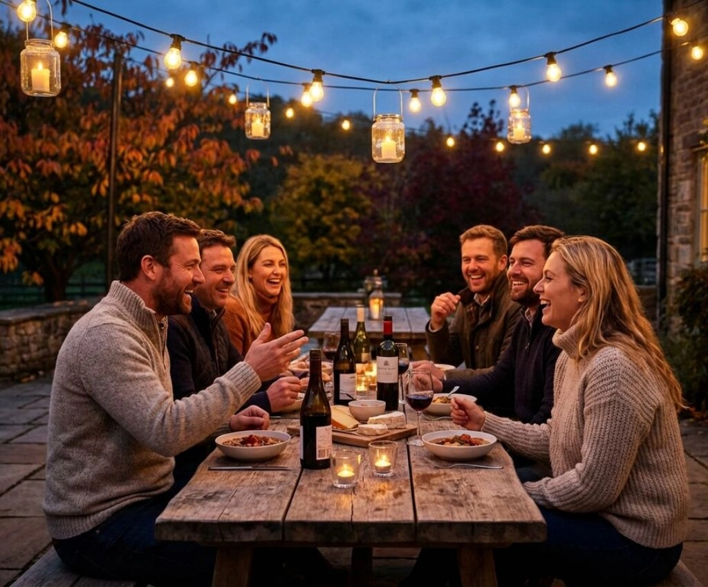 Groep reizigers dineert samen op terras van Europese villa tijdens herfstavond met warme verlichting en kleurrijk gebladerte