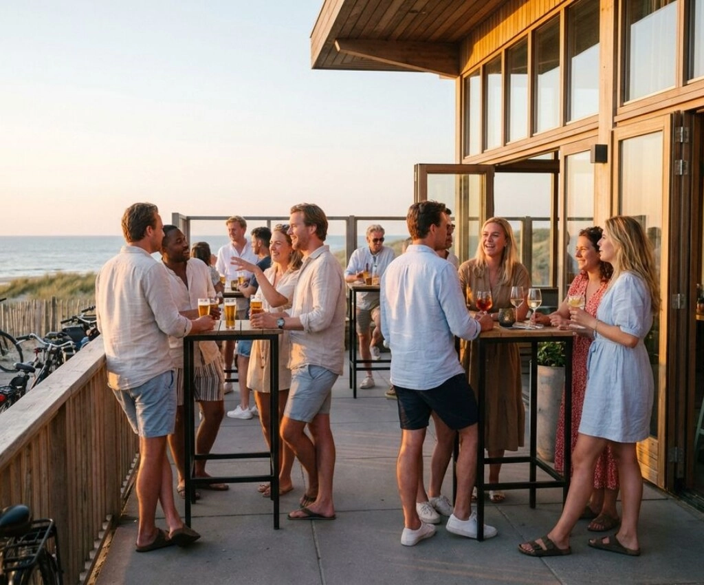 Groep mensen op terras van Nederlands strandpaviljoen bij zonsondergang, casual sfeer aan statafels met drankjes