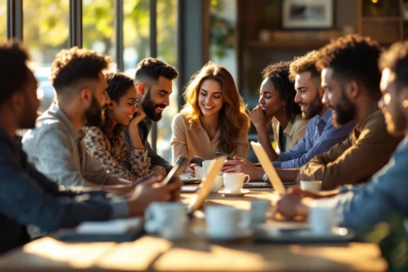 Diverse groep volwassenen in gesprek aan café tafel, sommigen betrokken, anderen afgeleid door telefoons en laptops