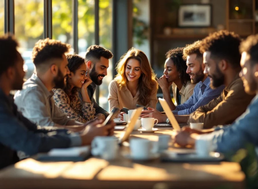 Diverse groep volwassenen in gesprek aan café tafel, sommigen betrokken, anderen afgeleid door telefoons en laptops