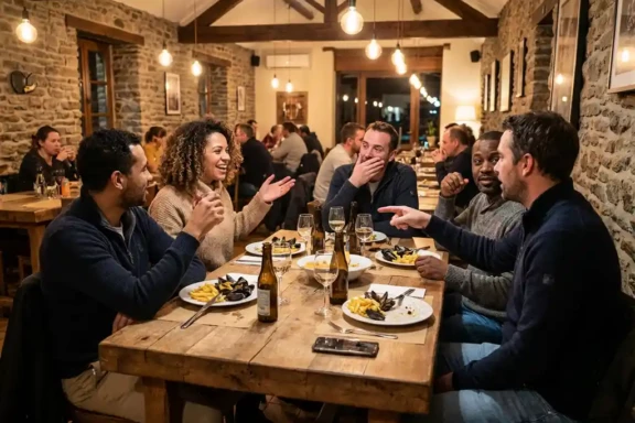 Diverse groep vrienden lacht en praat gezellig aan houten tafel in Ardeens restaurant met wijn en bier